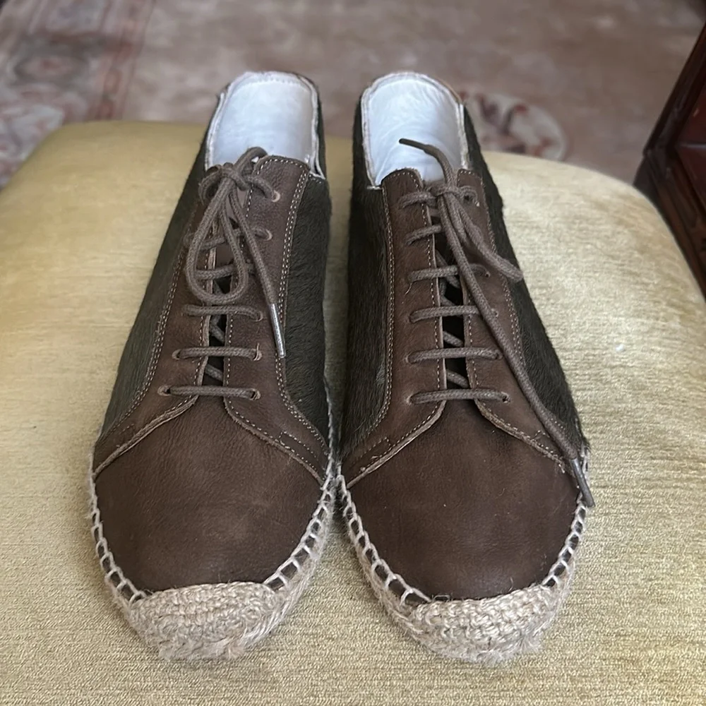 Anthropologie KMB Jorinda Espadrille Sneakers Leather Calf Hair Olive Brown Sz 9